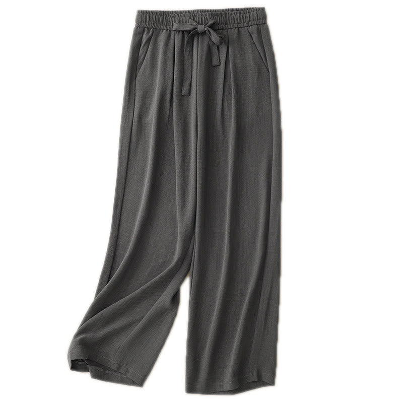 Buddha Stones Lässige Sommerhose aus Baumwolle mit weitem Bein und Schnürung im Strukturdesign für Damen mit Taschen