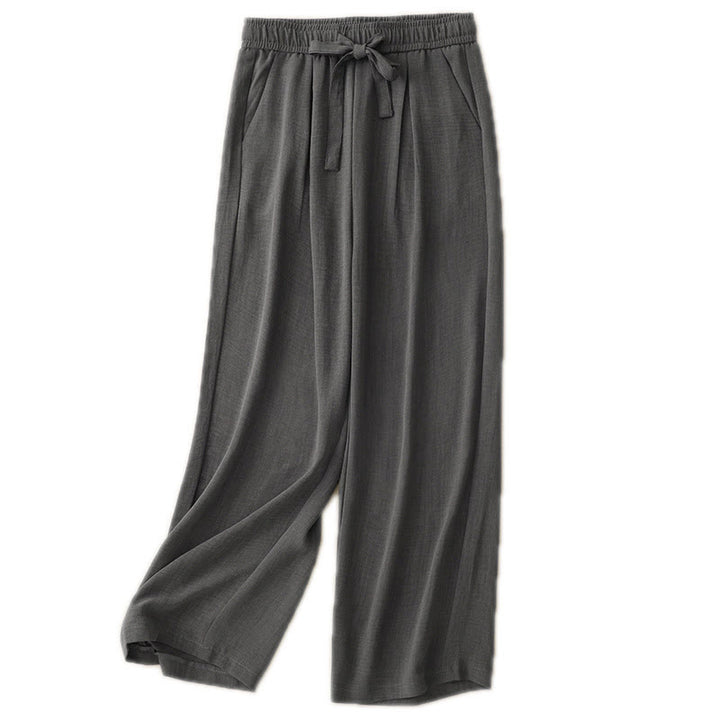 Buddha Stones Lässige Sommerhose aus Baumwolle mit weitem Bein und Schnürung im Strukturdesign für Damen mit Taschen