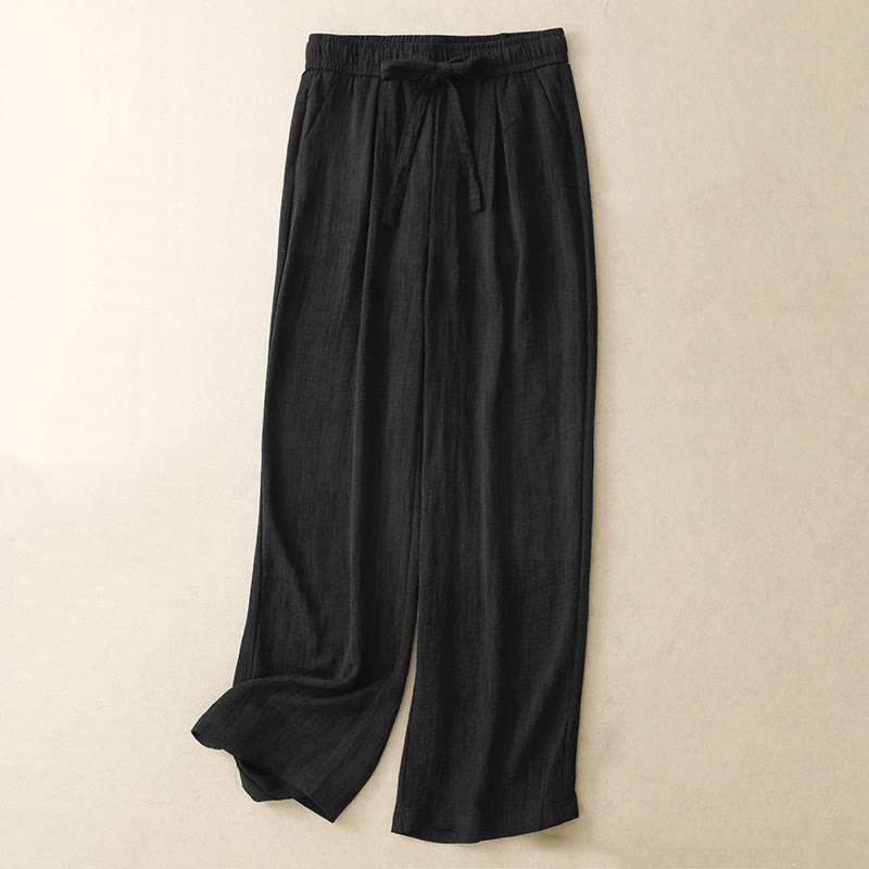 Buddha Stones Lässige Sommerhose aus Baumwolle mit weitem Bein und Schnürung im Strukturdesign für Damen mit Taschen