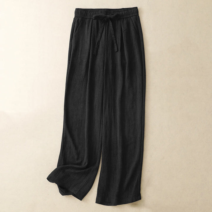 Buddha Stones Lässige Sommerhose aus Baumwolle mit weitem Bein und Schnürung im Strukturdesign für Damen mit Taschen