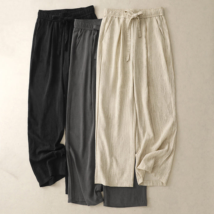 Buddha Stones Lässige Sommerhose aus Baumwolle mit weitem Bein und Schnürung im Strukturdesign für Damen mit Taschen
