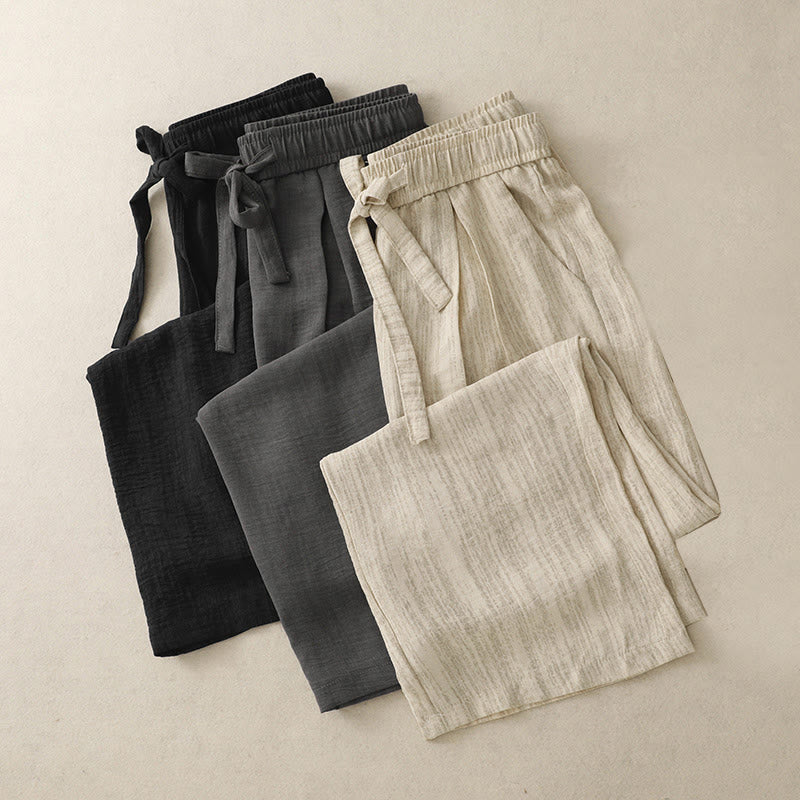 Buddha Stones Lässige Sommerhose aus Baumwolle mit weitem Bein und Schnürung im Strukturdesign für Damen mit Taschen
