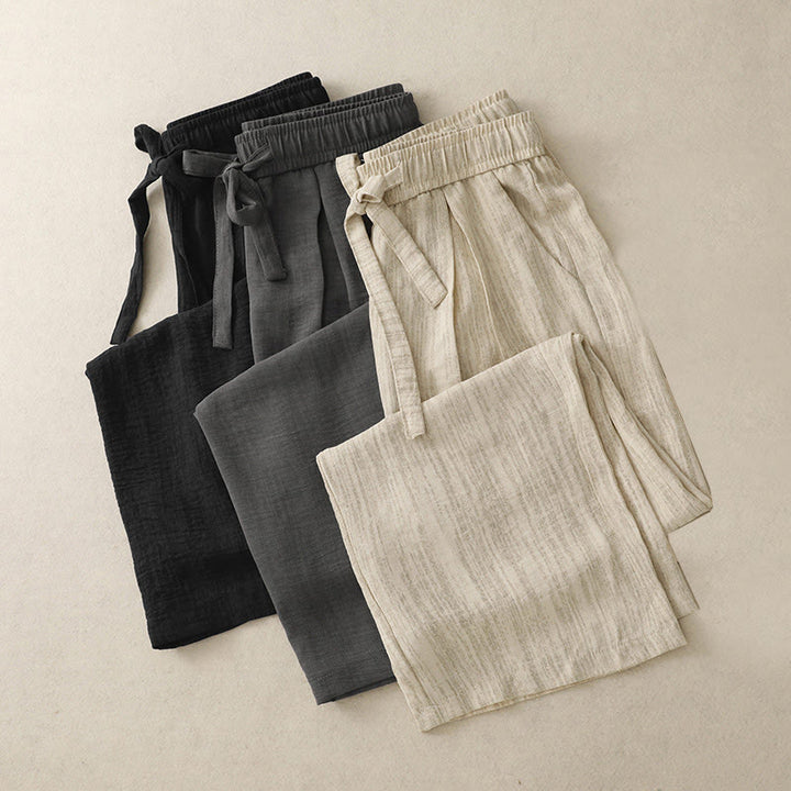 Buddha Stones Lässige Sommerhose aus Baumwolle mit weitem Bein und Schnürung im Strukturdesign für Damen mit Taschen