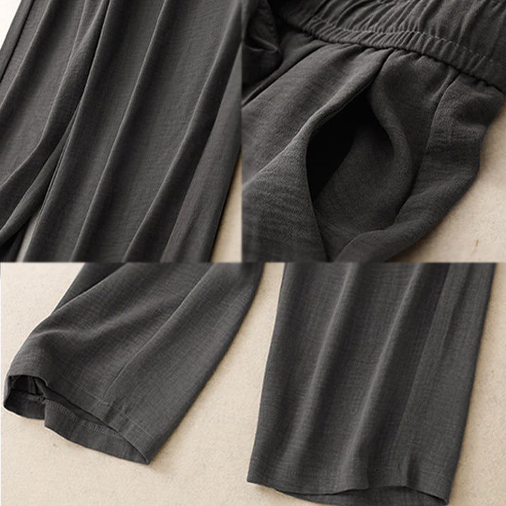 Buddha Stones Lässige Sommerhose aus Baumwolle mit weitem Bein und Schnürung im Strukturdesign für Damen mit Taschen