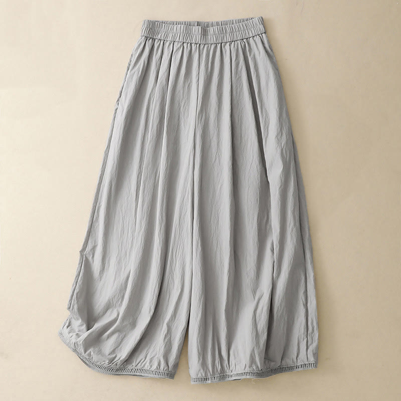 Buddha Stones Damenhose aus Baumwolle mit lässigem Saum und hohlem Design, Länge 7–8, weites Bein, mit Taschen