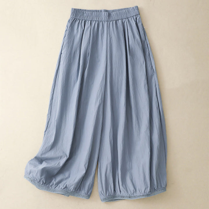 Buddha Stones Damenhose aus Baumwolle mit lässigem Saum und hohlem Design, Länge 7–8, weites Bein, mit Taschen