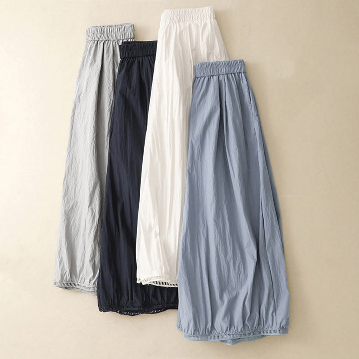 Buddha Stones Damenhose aus Baumwolle mit lässigem Saum und hohlem Design, Länge 7–8, weites Bein, mit Taschen