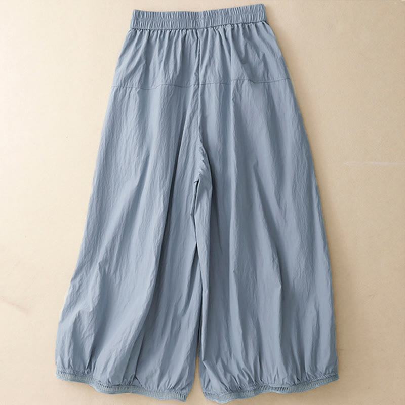 Buddha Stones Damenhose aus Baumwolle mit lässigem Saum und hohlem Design, Länge 7–8, weites Bein, mit Taschen