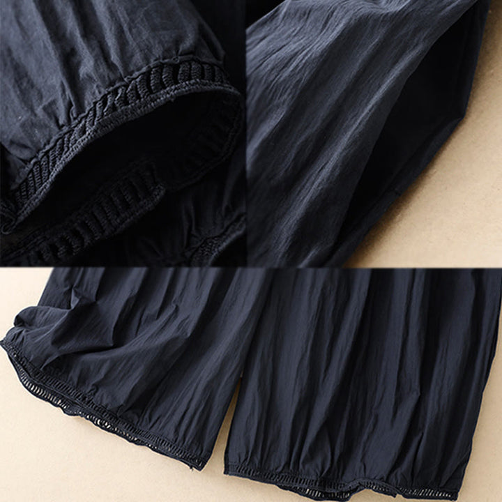 Buddha Stones Damenhose aus Baumwolle mit lässigem Saum und hohlem Design, Länge 7–8, weites Bein, mit Taschen