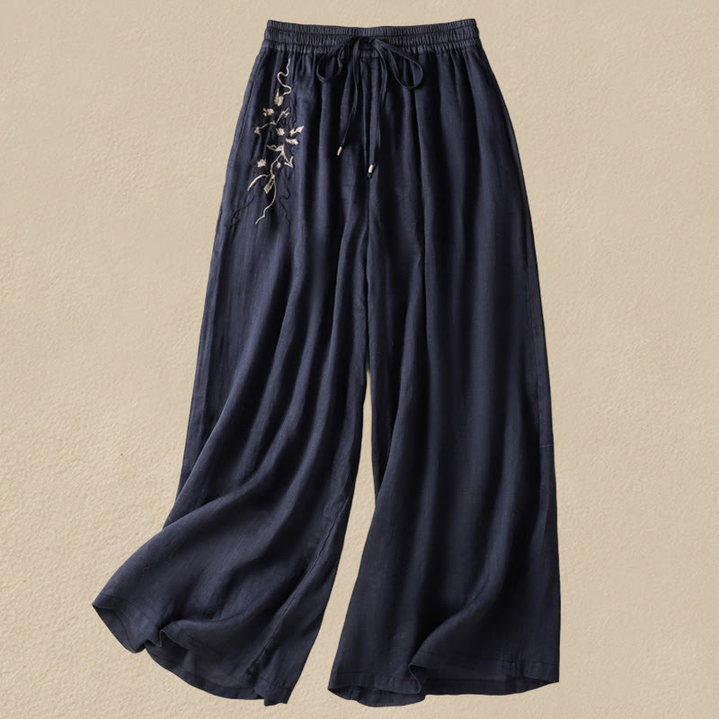 Buddha Stones Commute Stickerei Kordelzug Damen Baumwolle Weite Beinhose mit Taschen - Mitternachtsblau - US 8-10, UK/AU 12-14, EU 40-42 (2XL) - image 0