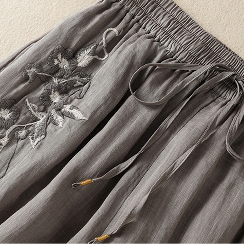 Buddha Stones Commute Stickerei Kordelzug Damen Baumwolle Weite Beinhose mit Taschen