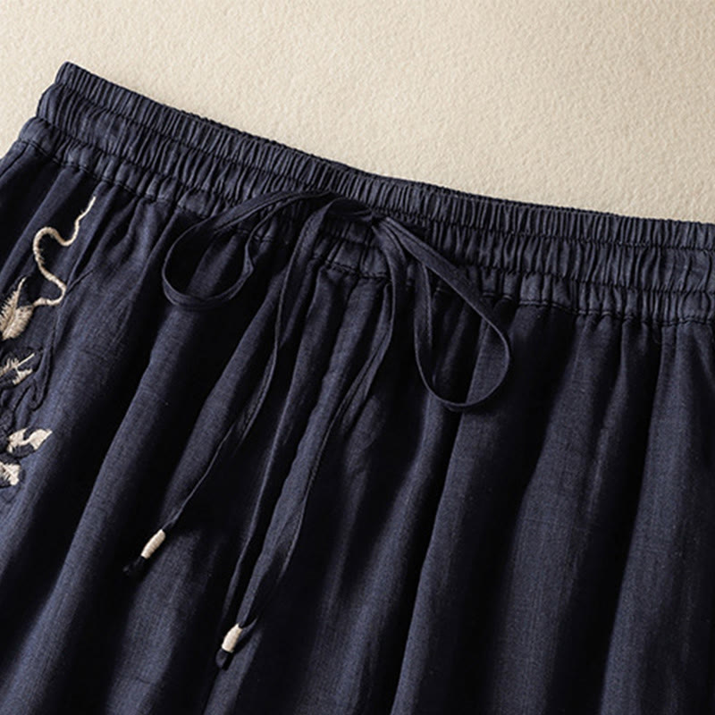 Buddha Stones Commute Stickerei Kordelzug Damen Baumwolle Weite Beinhose mit Taschen