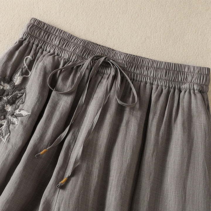 Buddha Stones Commute Stickerei Kordelzug Damen Baumwolle Weite Beinhose mit Taschen