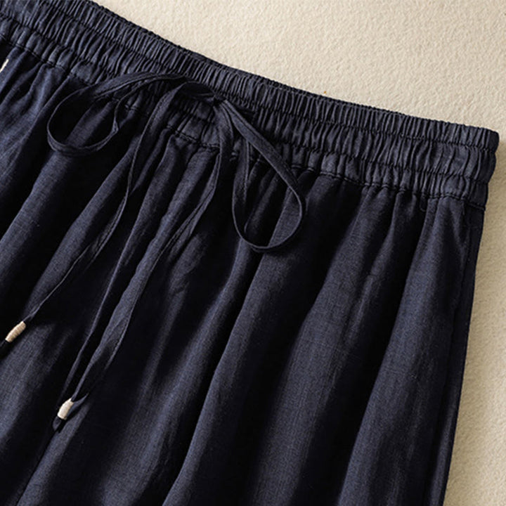 Buddha Stones Commute Stickerei Kordelzug Damen Baumwolle Weite Beinhose mit Taschen