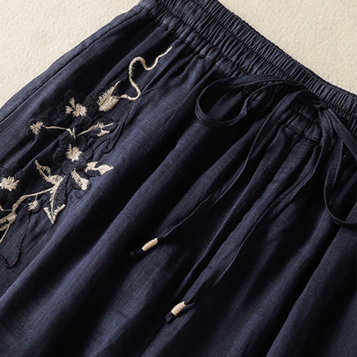 Buddha Stones Commute Stickerei Kordelzug Damen Baumwolle Weite Beinhose mit Taschen