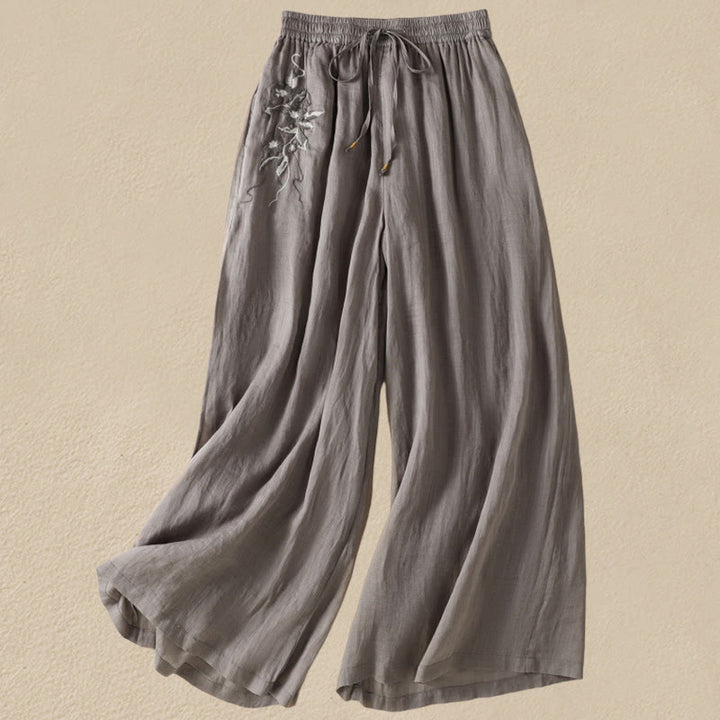 Buddha Stones Commute Stickerei Kordelzug Damen Baumwolle Weite Beinhose mit Taschen