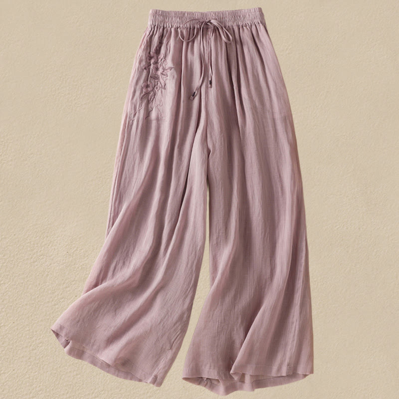 Buddha Stones Commute Stickerei Kordelzug Damen Baumwolle Weite Beinhose mit Taschen