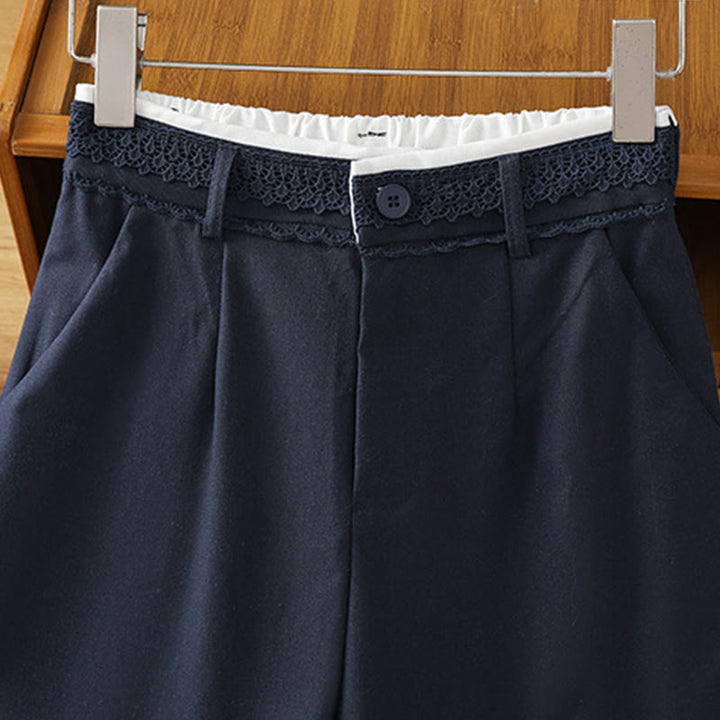 Buddha Stones Lässige Damenhose aus Baumwollleinen mit weitem Bein und Taschen im Hohlspitzen-Bund-Design