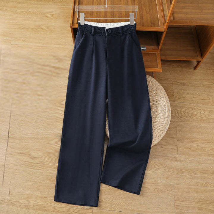 Buddha Stones Lässige Damenhose aus Baumwollleinen mit weitem Bein und Taschen im Hohlspitzen-Bund-Design