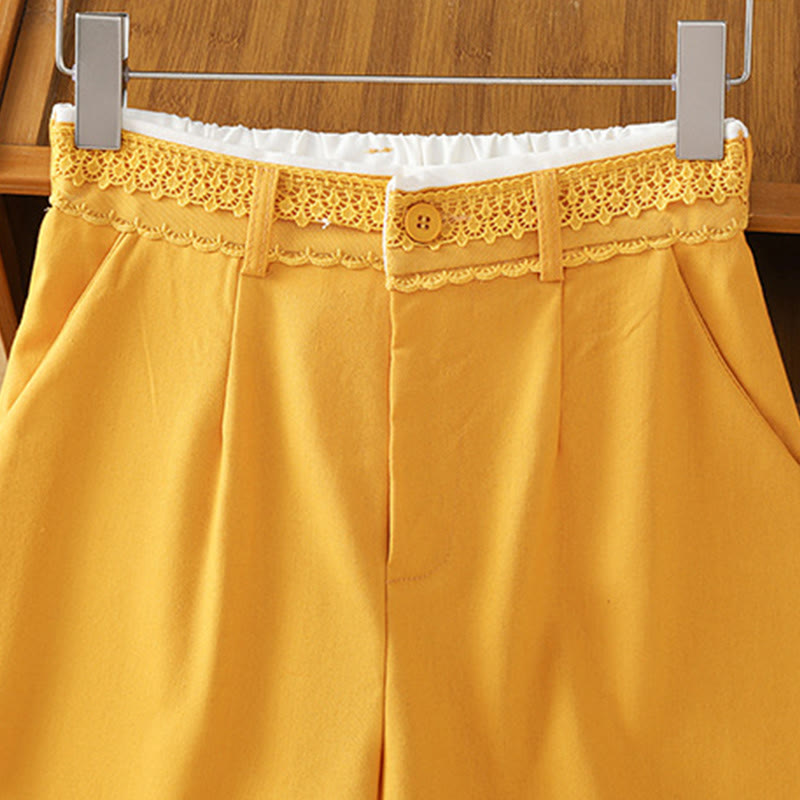 Buddha Stones Lässige Damenhose aus Baumwollleinen mit weitem Bein und Taschen im Hohlspitzen-Bund-Design