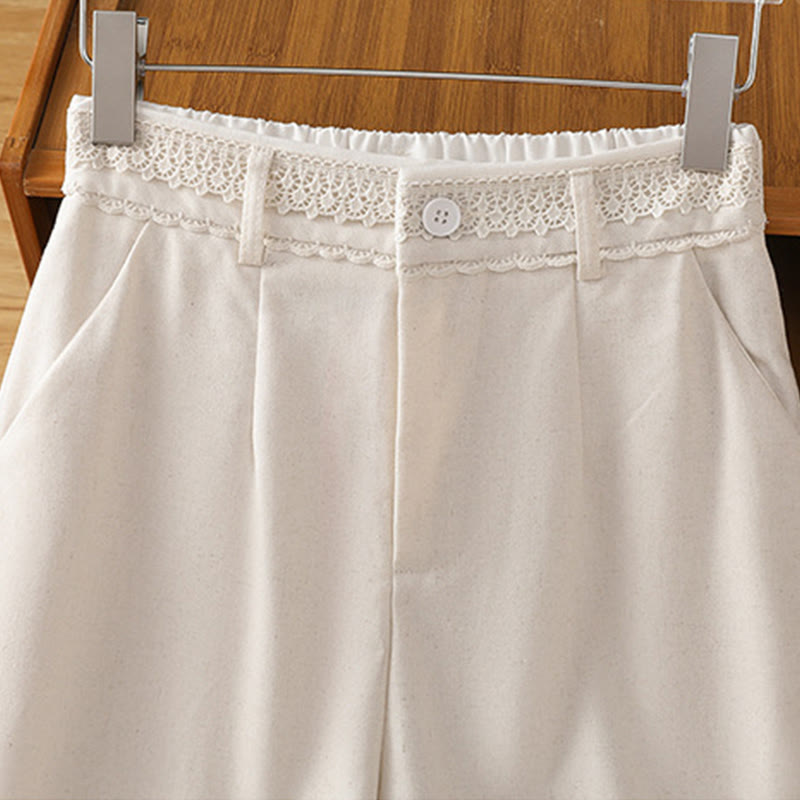 Buddha Stones Lässige Damenhose aus Baumwollleinen mit weitem Bein und Taschen im Hohlspitzen-Bund-Design