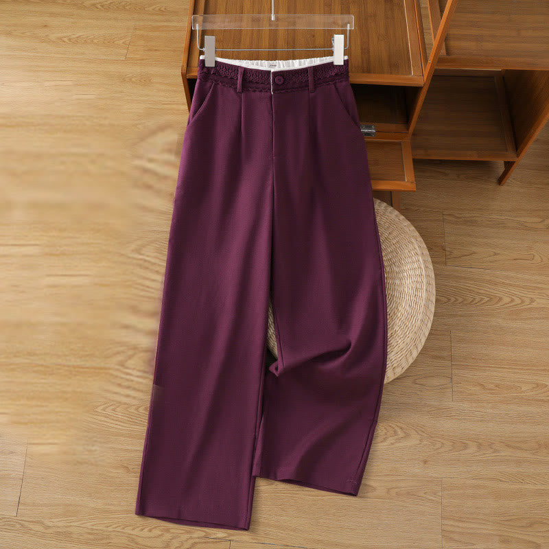 Buddha Stones Lässige Damenhose aus Baumwollleinen mit weitem Bein und Taschen im Hohlspitzen-Bund-Design