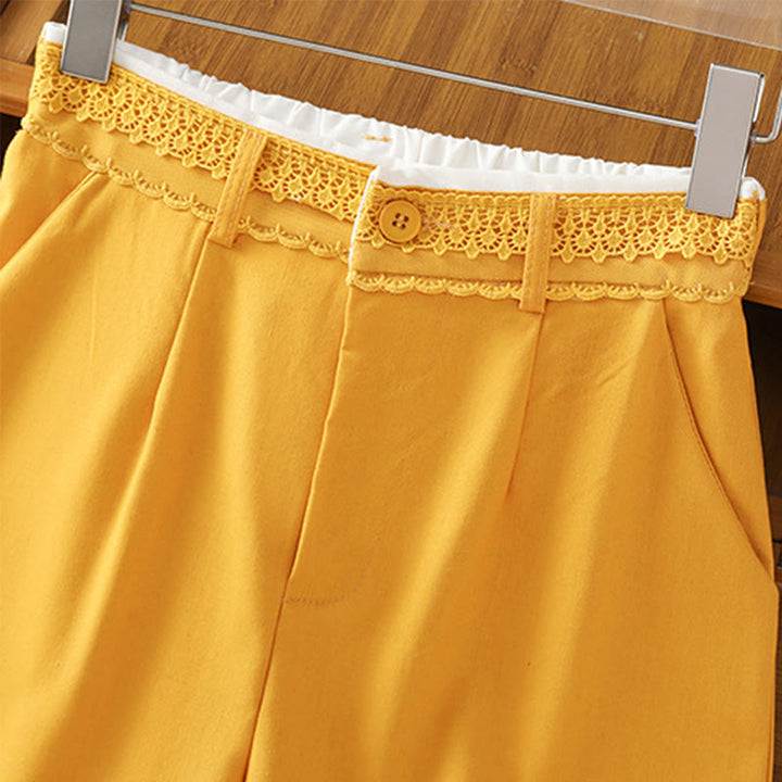 Buddha Stones Lässige Damenhose aus Baumwollleinen mit weitem Bein und Taschen im Hohlspitzen-Bund-Design