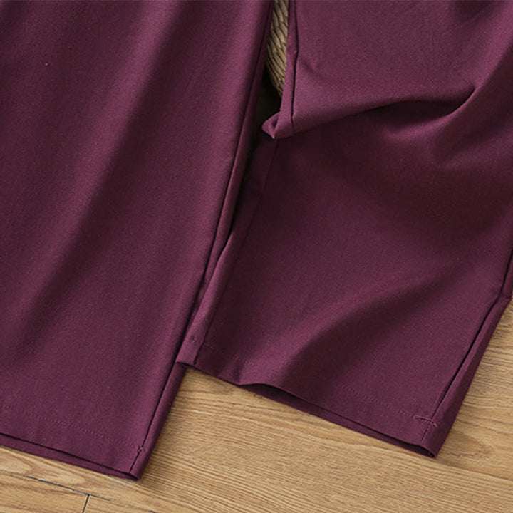 Buddha Stones Lässige Damenhose aus Baumwollleinen mit weitem Bein und Taschen im Hohlspitzen-Bund-Design