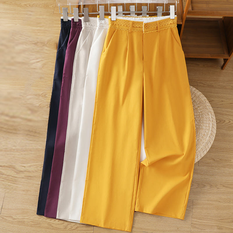 Buddha Stones Lässige Damenhose aus Baumwollleinen mit weitem Bein und Taschen im Hohlspitzen-Bund-Design