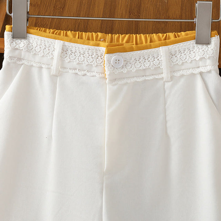 Buddha Stones Lässige Damenhose aus Baumwollleinen mit weitem Bein und Taschen im Hohlspitzen-Bund-Design