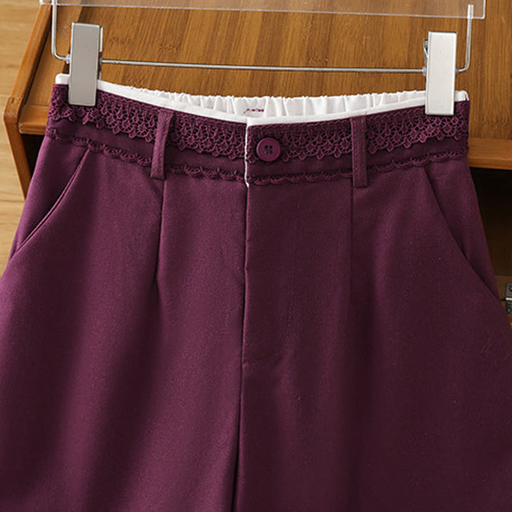 Buddha Stones Lässige Damenhose aus Baumwollleinen mit weitem Bein und Taschen im Hohlspitzen-Bund-Design