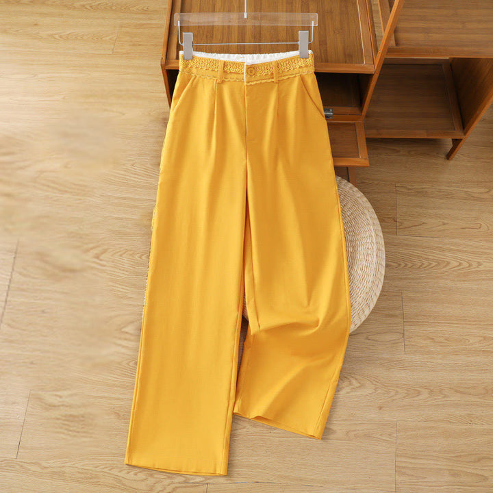 Buddha Stones Lässige Damenhose aus Baumwollleinen mit weitem Bein und Taschen im Hohlspitzen-Bund-Design