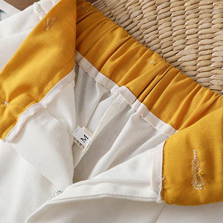 Buddha Stones Lässige Damenhose aus Baumwollleinen mit weitem Bein und Taschen im Hohlspitzen-Bund-Design