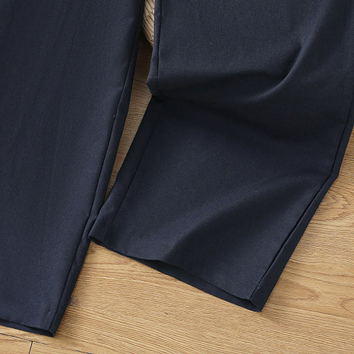 Buddha Stones Lässige Damenhose aus Baumwollleinen mit weitem Bein und Taschen im Hohlspitzen-Bund-Design