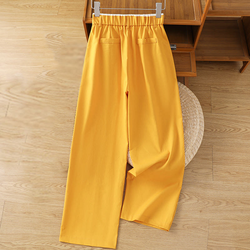 Buddha Stones Lässige Damenhose aus Baumwollleinen mit weitem Bein und Taschen im Hohlspitzen-Bund-Design