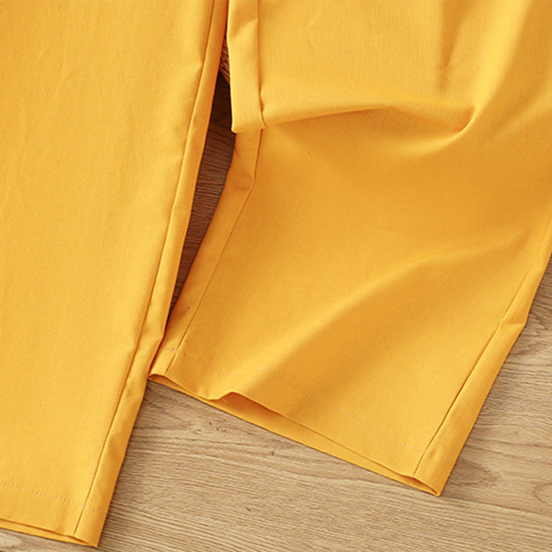 Buddha Stones Lässige Damenhose aus Baumwollleinen mit weitem Bein und Taschen im Hohlspitzen-Bund-Design