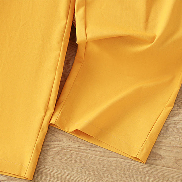 Buddha Stones Lässige Damenhose aus Baumwollleinen mit weitem Bein und Taschen im Hohlspitzen-Bund-Design