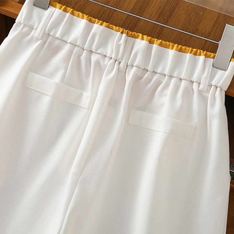Buddha Stones Lässige Damenhose aus Baumwollleinen mit weitem Bein und Taschen im Hohlspitzen-Bund-Design