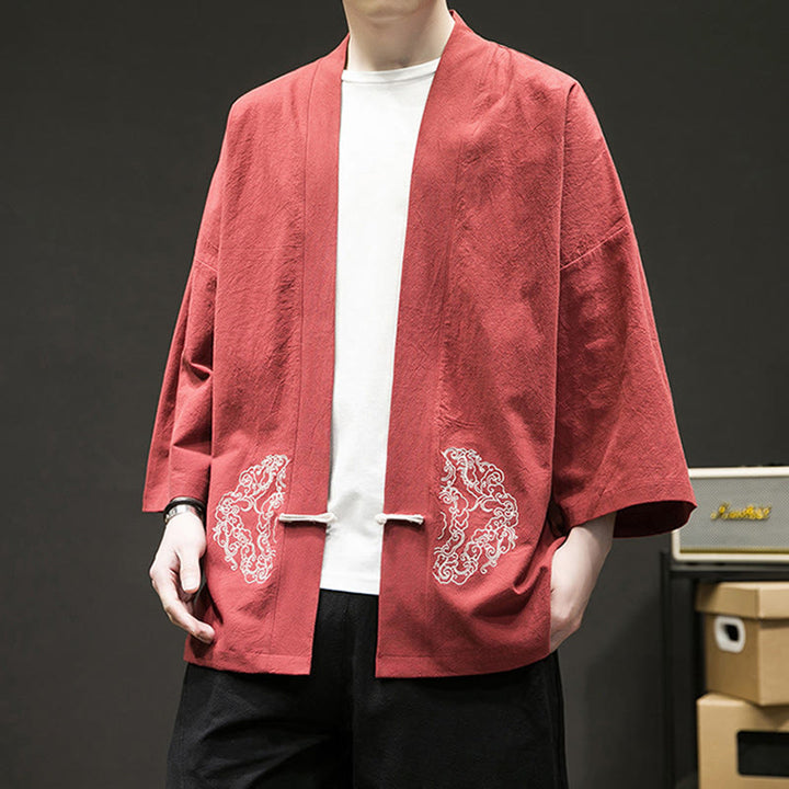 Buddha Stones Chinesischer Frosch-Knopf-Design Offene Frontjacke Herren-Kimono aus Baumwolle und Leinen mit langen Ärmeln - image 15