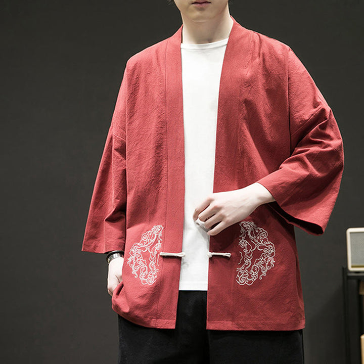 Buddha Stones Chinesischer Frosch-Knopf-Design Offene Frontjacke Herren-Kimono aus Baumwolle und Leinen mit langen Ärmeln - image 16