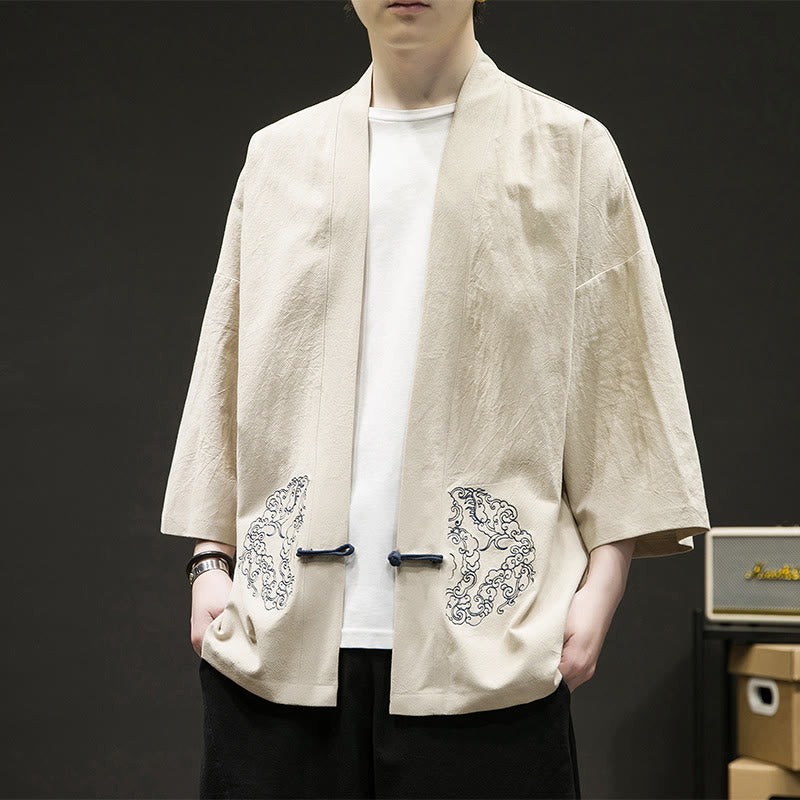 Buddha Stones Chinesischer Frosch-Knopf-Design Offene Frontjacke Herren-Kimono aus Baumwolle und Leinen mit langen Ärmeln - Beige - US/ UK/AU46，EU56 (5XL) - image 9