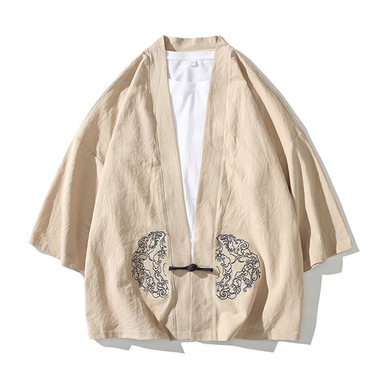 Buddha Stones Chinesischer Frosch-Knopf-Design Offene Frontjacke Herren-Kimono aus Baumwolle und Leinen mit langen Ärmeln - image 13