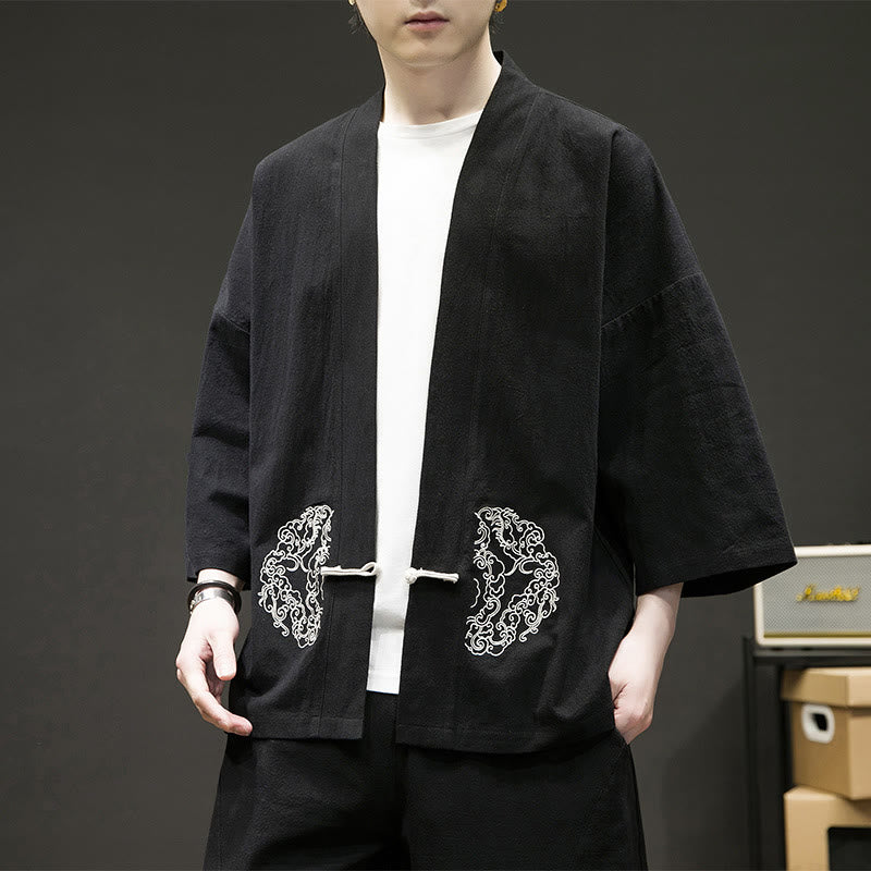 Buddha Stones Chinesischer Frosch-Knopf-Design Offene Frontjacke Herren-Kimono aus Baumwolle und Leinen mit langen Ärmeln - Schwarz - US/ UK/AU46，EU56 (5XL) - image 1