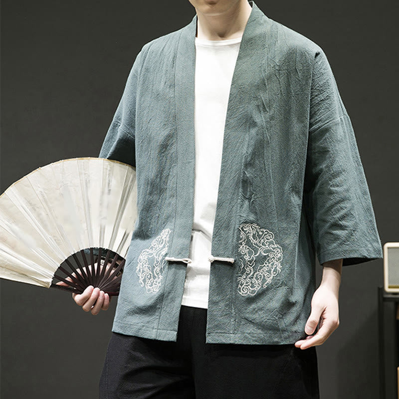 Buddha Stones Chinesischer Frosch-Knopf-Design Offene Frontjacke Herren-Kimono aus Baumwolle und Leinen mit langen Ärmeln - image 6