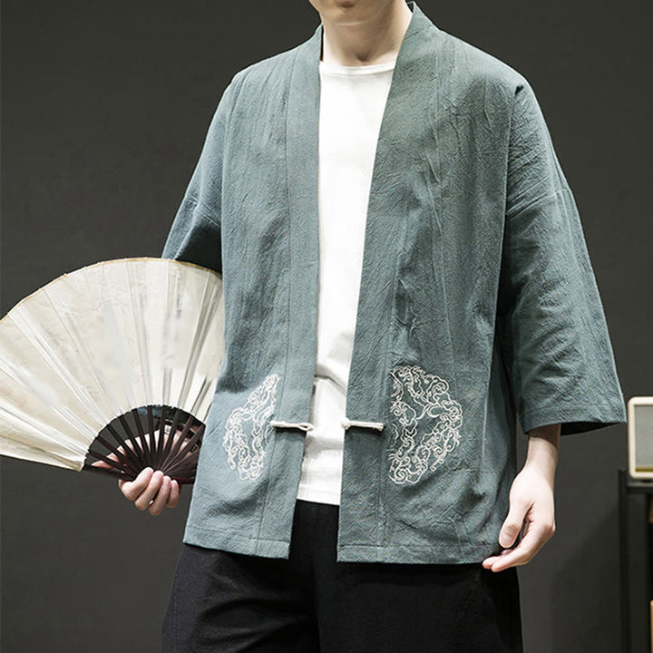 Buddha Stones Chinesischer Frosch-Knopf-Design Offene Frontjacke Herren-Kimono aus Baumwolle und Leinen mit langen Ärmeln - image 6