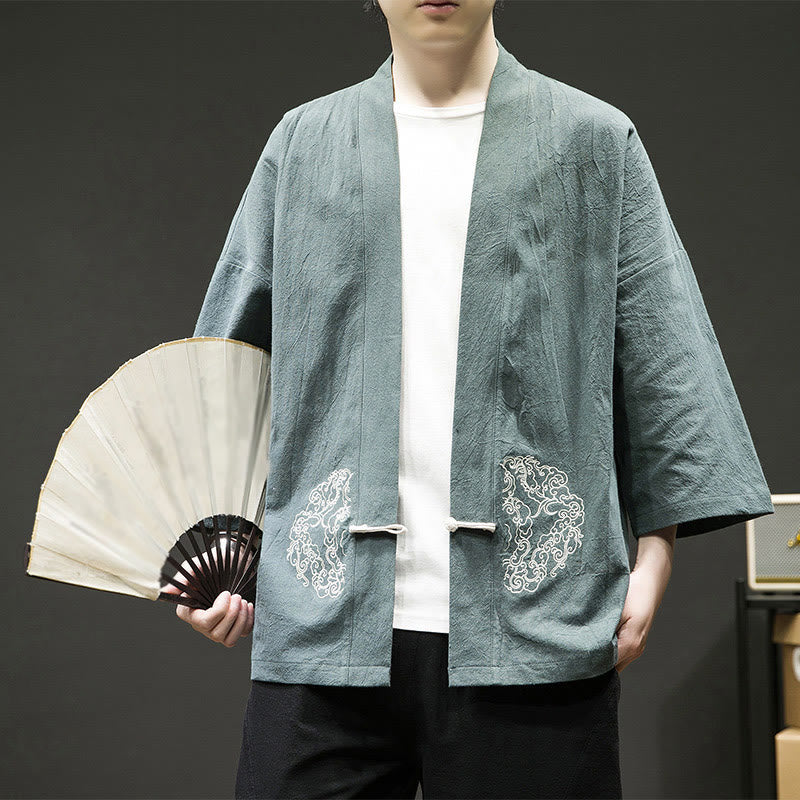 Buddha Stones Chinesischer Frosch-Knopf-Design Offene Frontjacke Herren-Kimono aus Baumwolle und Leinen mit langen Ärmeln - HellMeerGrün - US/ UK/AU46，EU56 (5XL) - image 5