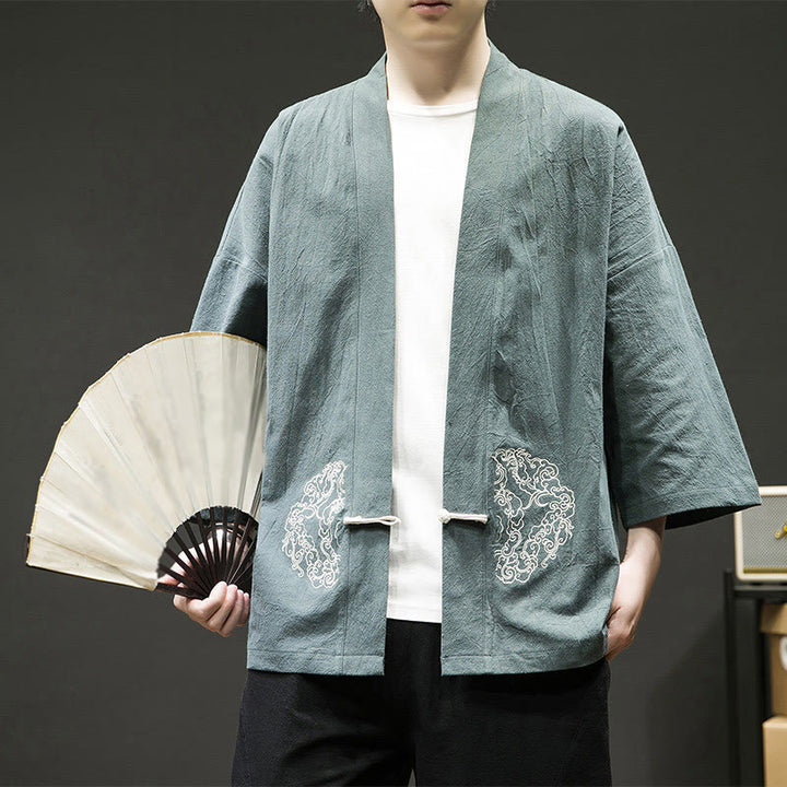 Buddha Stones Chinesischer Frosch-Knopf-Design Offene Frontjacke Herren-Kimono aus Baumwolle und Leinen mit langen Ärmeln - HellMeerGrün - US/ UK/AU46，EU56 (5XL) - image 5