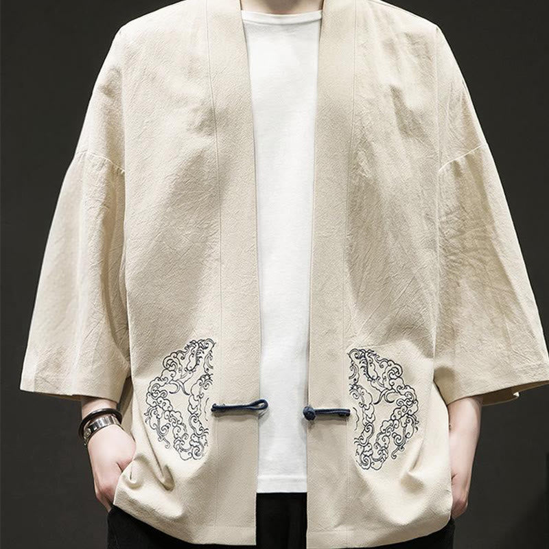 Buddha Stones Chinesischer Frosch-Knopf-Design Offene Frontjacke Herren-Kimono aus Baumwolle und Leinen mit langen Ärmeln - image 11