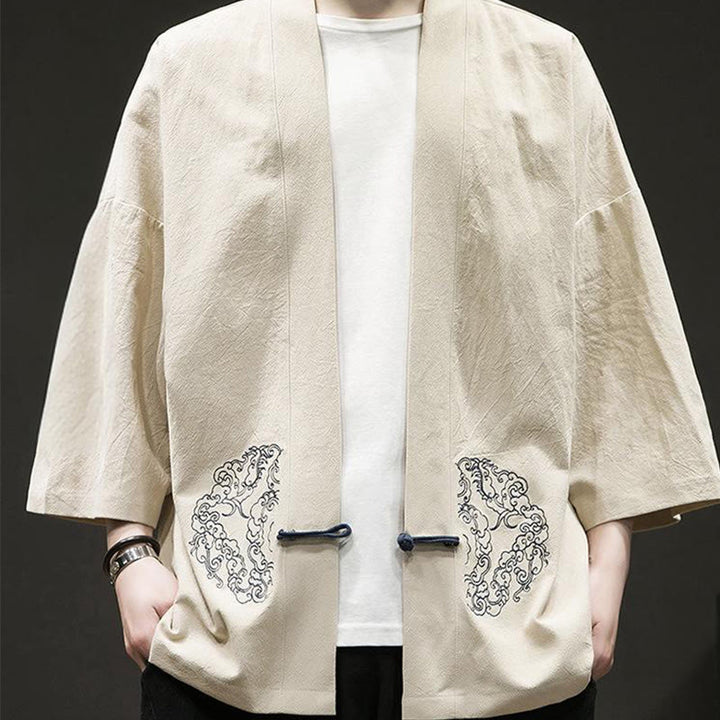 Buddha Stones Chinesischer Frosch-Knopf-Design Offene Frontjacke Herren-Kimono aus Baumwolle und Leinen mit langen Ärmeln - image 11