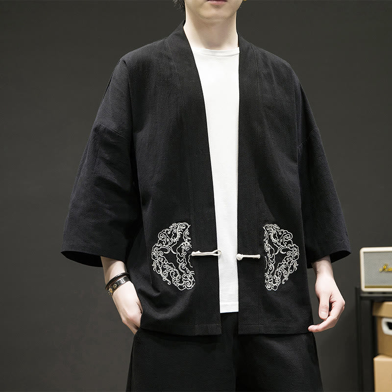 Buddha Stones Chinesischer Frosch-Knopf-Design Offene Frontjacke Herren-Kimono aus Baumwolle und Leinen mit langen Ärmeln - image 2